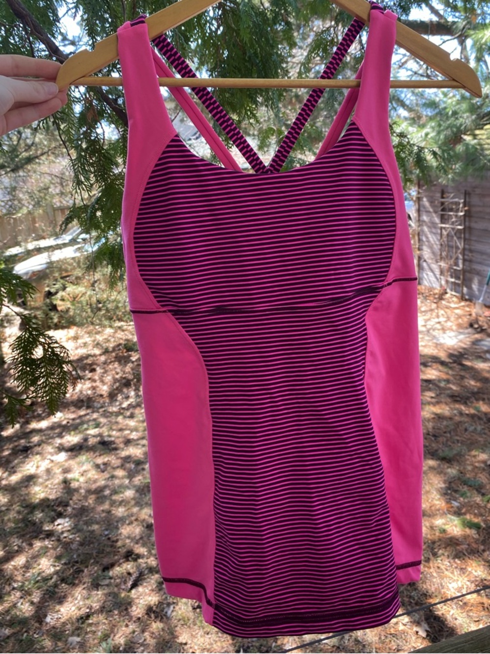 Lululemon Pink Striped Athletic Tank Top Size L Vintage Yoga Workout Crossback